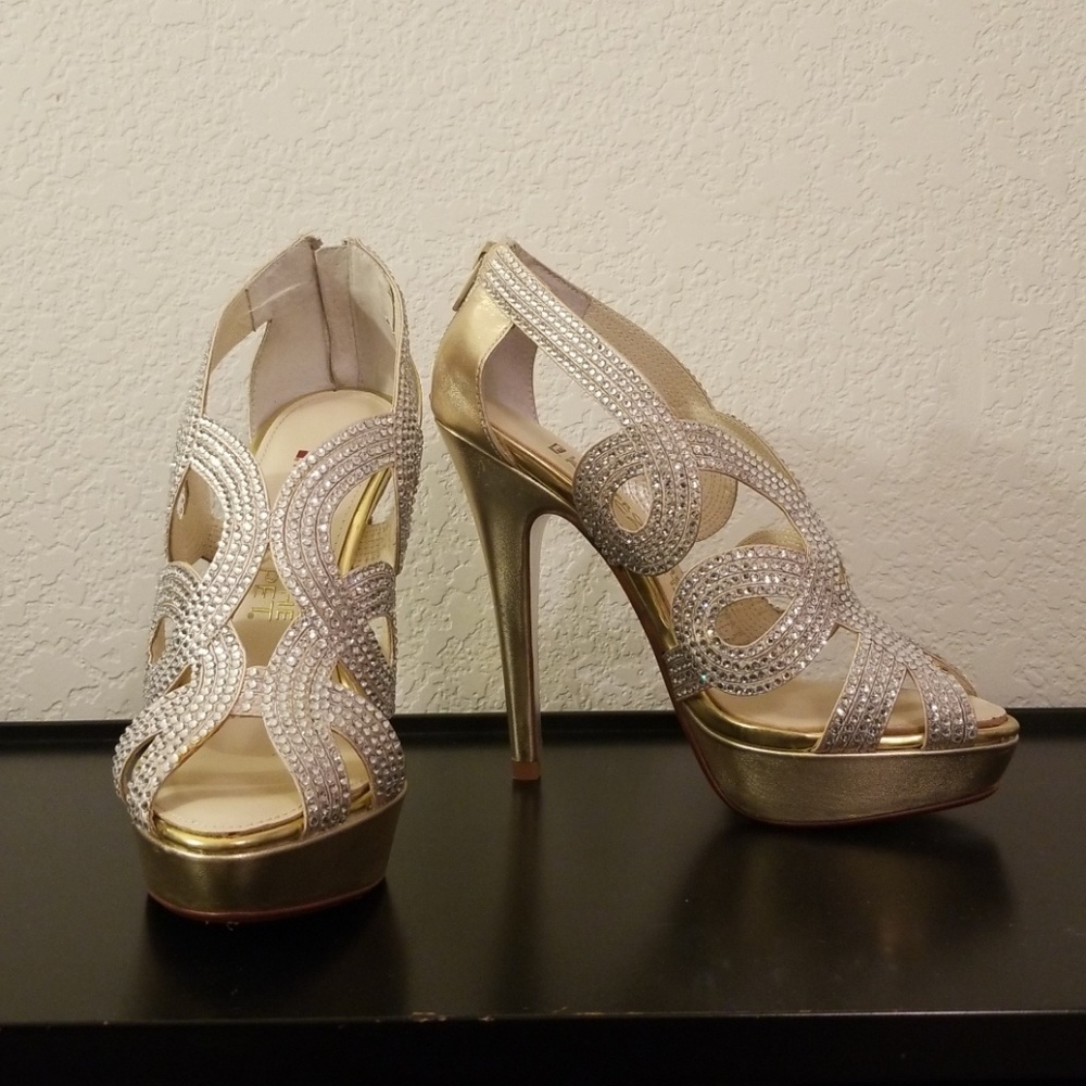 Open Toe Platform Heels Pumps Gold SPARKLY 7.5